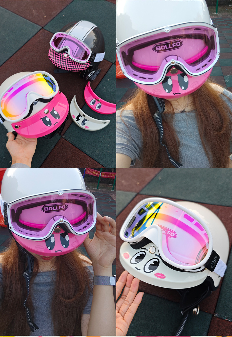 Cute Retro Motorcycle Half Helmet 3/4 Helmet Pink White Angry Cute Three-Button Harley Universal Helmet with Brim for Women