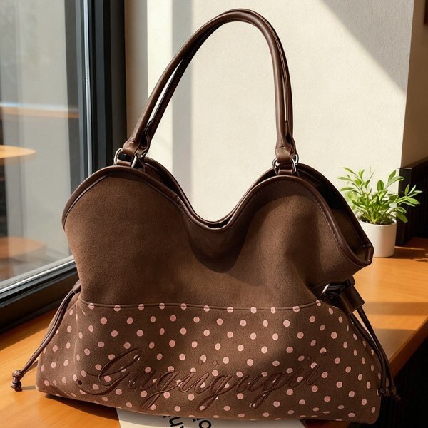Korean Suede Polka Dot Stitching Tote Bag for Women 2025 Autumn and Winter New Drawstring Large Capacity Single Shoulder Crossbody Bag