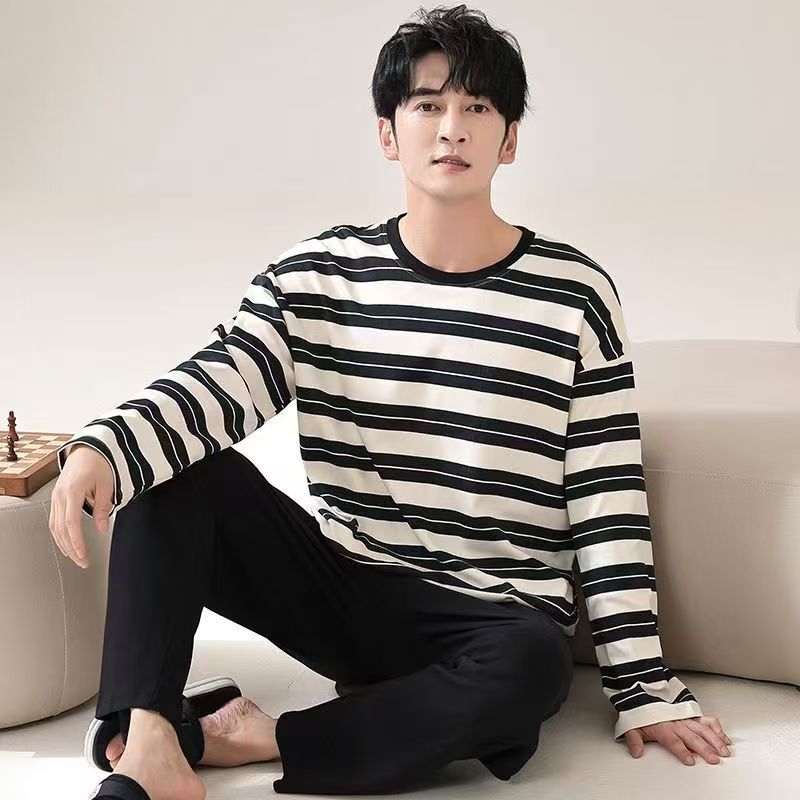 Men's Pajamas, Spring and Autumn Long-Sleeved Casual Men's Large Size Loose-Fitting Striped Full Set of Trendy Home Clothes for Young and Middle-Aged Men Men's Pajamas, Spring and Autumn Long-Sleeved Casual Men's Large Size Loose-Fitting Striped Full Set of Trendy Home Clothes for Young and Middle-Aged Men