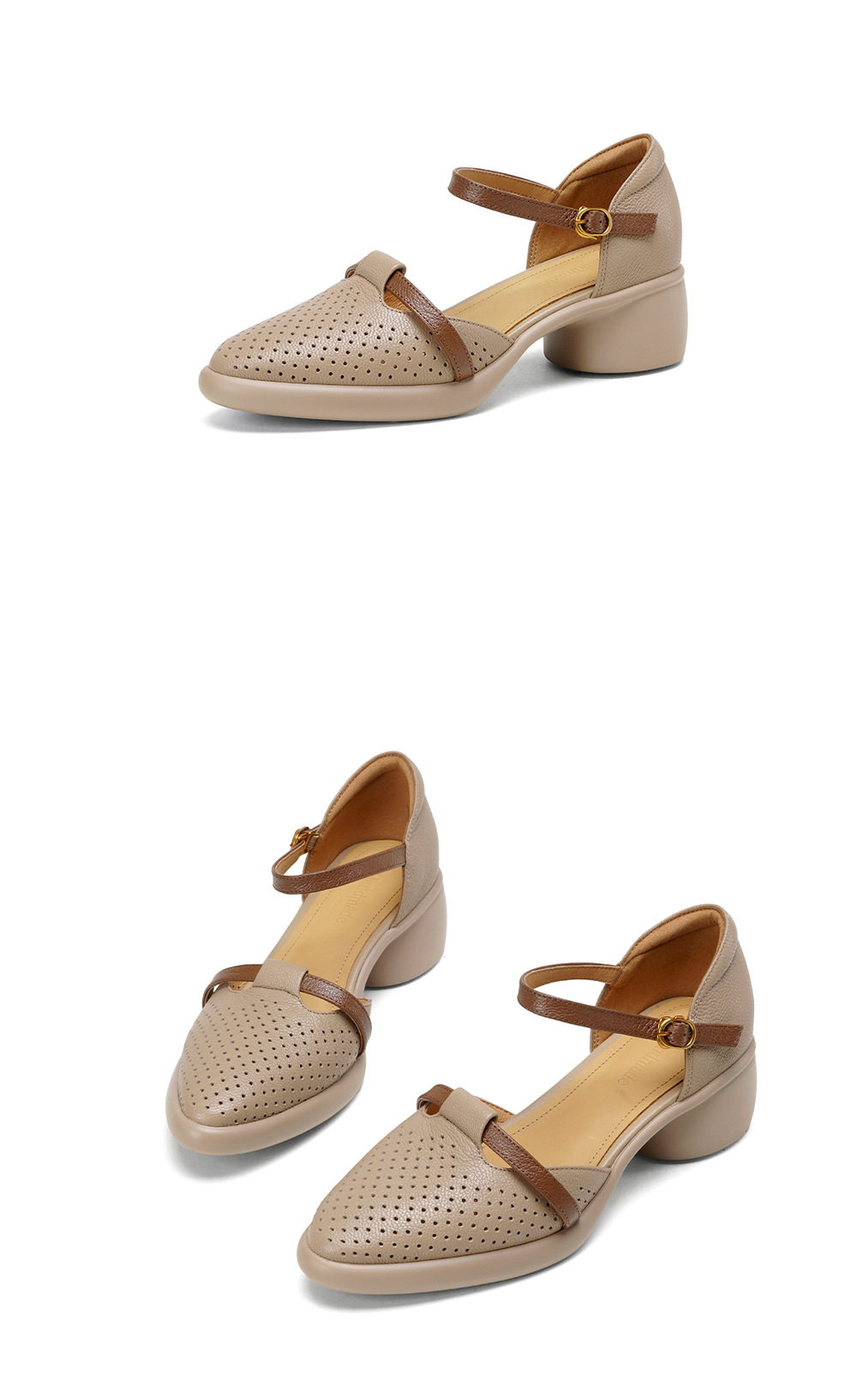Sandal nữ quai ngang da dê mũi tròn gót vuông cao 9 cm — màu trắng ngà chi tiết 18