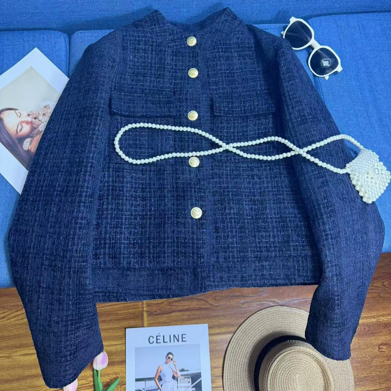The chaebol daughter navy blue tweed coat spring new small style elegant cardigan loose temperament top