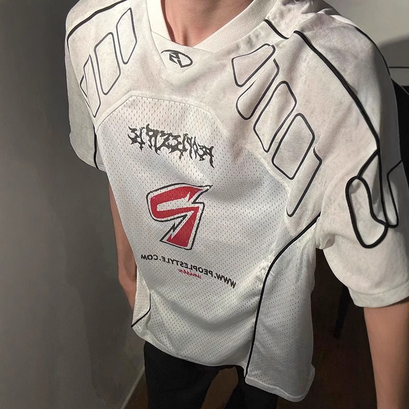 아메리칸 레트로 탑 메쉬 저지 농구 반팔 티셔츠 남성 하이 스트리트 패션 브랜드 사이클링 속건 오토바이 탑