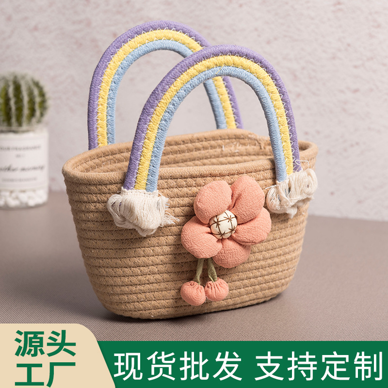 Bolsa de tejido artesanal arco iris, bolso de tejido de cuerda de algodón, bolso de tejido de flores pequeño, bolso de mano, bolso de mujer