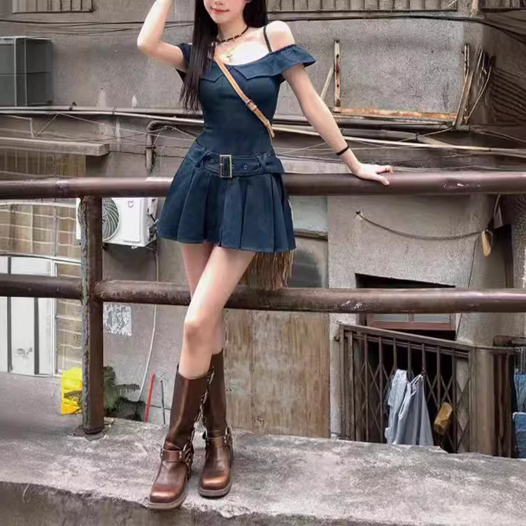Thirteen lines eccentric theory hot girl waist slim vintage dress off-shoulder strap denim skirt women Thirteen lines eccentric theory hot girl waist slim vintage dress off-shoulder strap denim skirt women