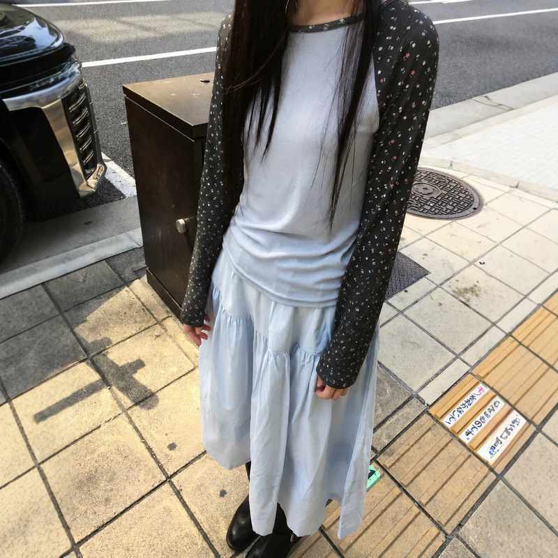 Autumn Korean-style cute retro color-block floral print raglan long-sleeve T-shirt, Japanese-style base layer top