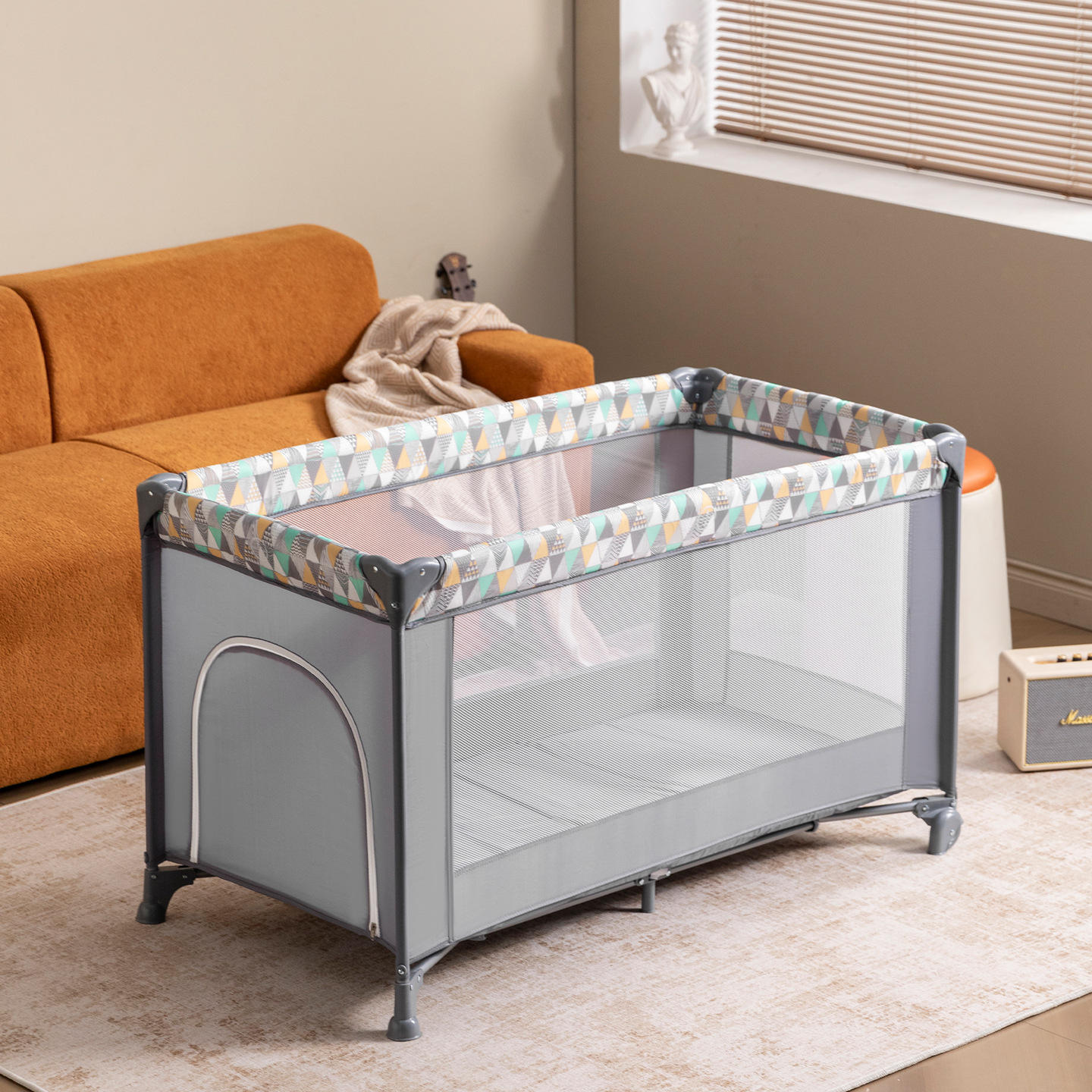Cama plegable europea transfronteriza, cama multifuncional con ruedas, cama de juego portátil transfronteriza ligera con mosquiteros