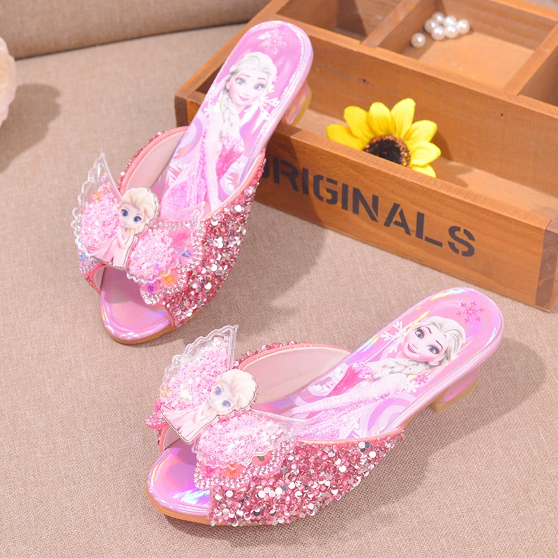 Повседневные тапочки для девочек, обувь знаменитостей принцессы Эльзы, обувь со стразами, детские сандалии для девочек на высоком каблуке