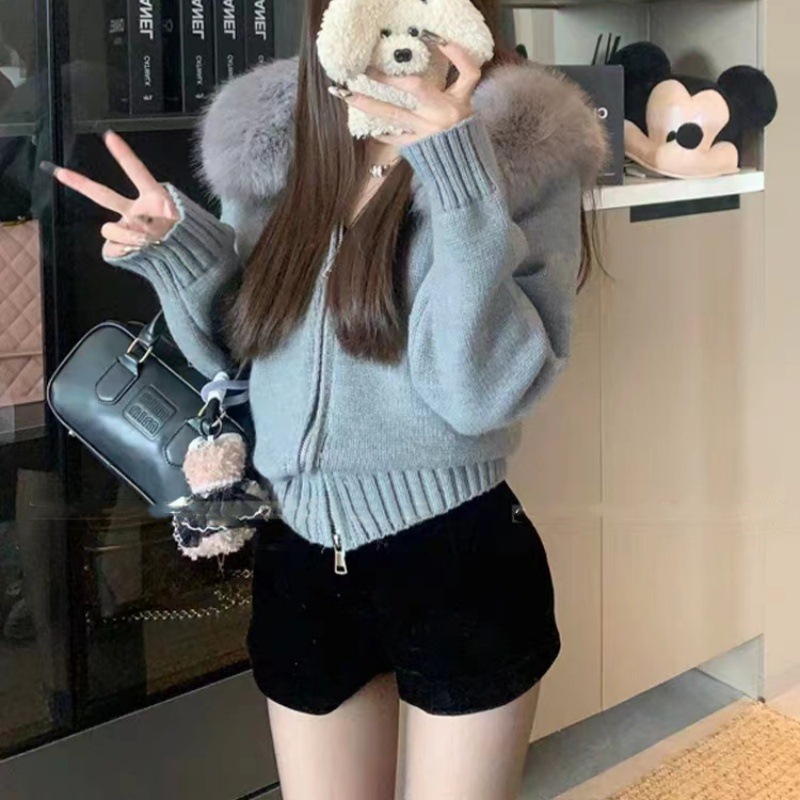 Cross-border coreano retro otoño invierno jersey de punto mujeres relajado casual versátil de manga larga cuello con capuchón suéter chaqueta mujer