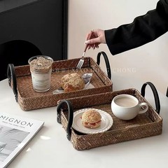 藤编托盘户外野餐篮家用零食盘餐桌收纳盘水果篮蛋糕面包甜品盘