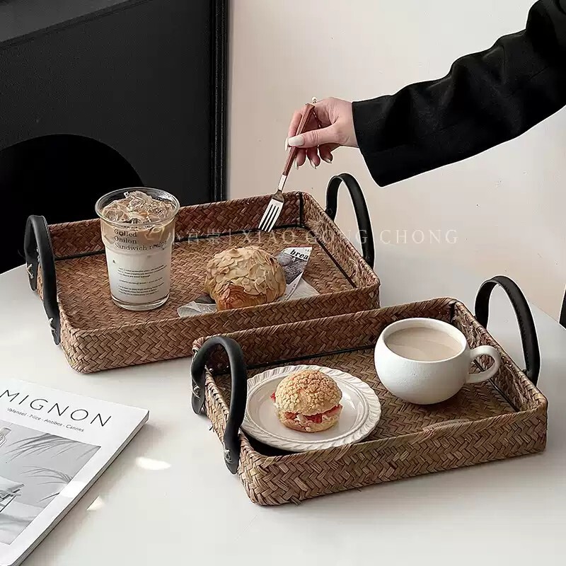 Rattan Tray Outdoor Picnic Basket Household Snack Tray Dining Table Storage Tray Fruit Basket Cake Bread Dessert Tray
