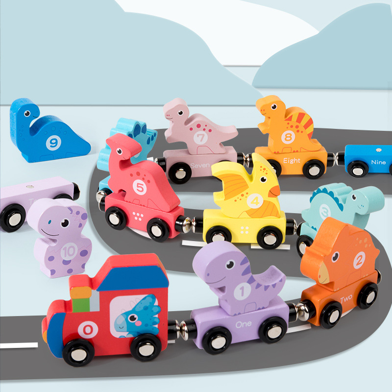 CPC Amazon madera dinosaurio magnético pequeño tren vagón apilado bloques de construcción altos juguetes educativos cognitivos para niños