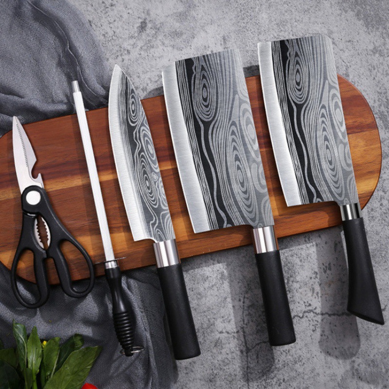 En stock cocina de cinco piezas de acero inoxidable cuchillo hogar patrón de acero cortador de hueso cuchillo de cocina cuchillo de pollo tijeras de hueso al por mayor