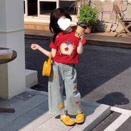2026新款女童套装夏季新款中小童-岁韩版短袖上衣儿童牛仔裤恤套