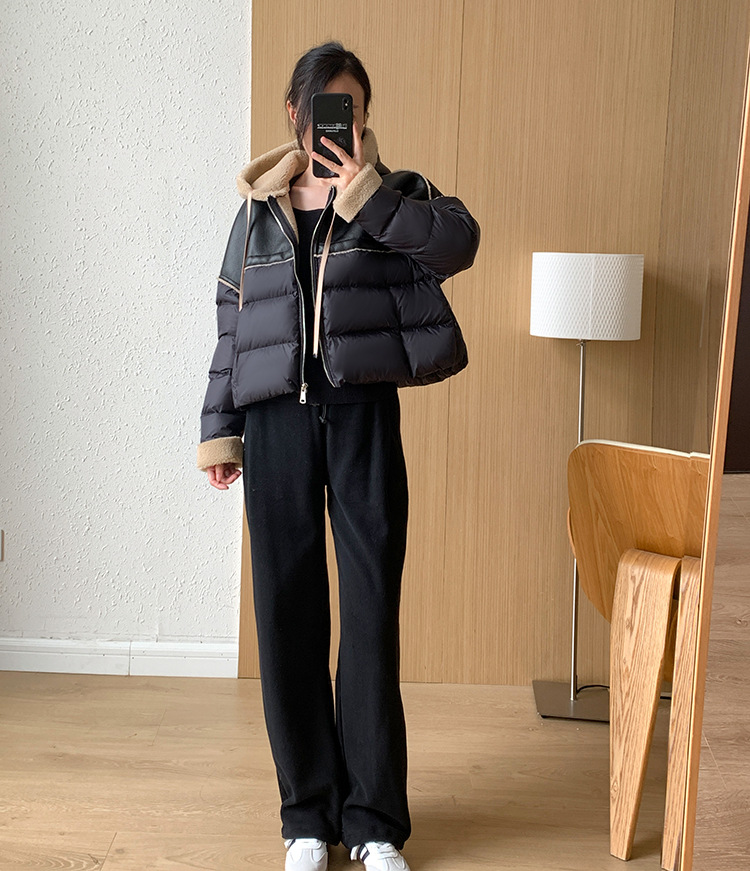 Giacca corta europea in piumino per donna stile corto cuciture colore a contrasto pelle PU leggera lusso alta qualità maglione largo 2024 nuovo inverno_voghion.com