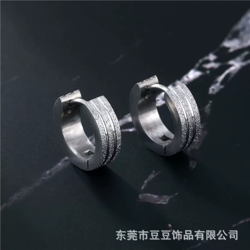 跨境韩版钛钢双线压砂磨砂耳扣不锈钢圆形耳环欧美时尚手抛耳扣