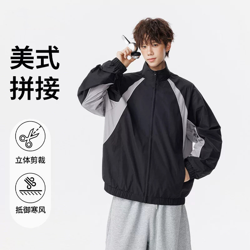 Color-Blocked Stand-Collar Sports Jacket with Zipper, Loose Fit, Elastic Cuffs and Hem, Unisex Trendy Top Color-Blocked Stand-Collar Sports Jacket with Zipper, Loose Fit, Elastic Cuffs and Hem, Unisex Trendy Top