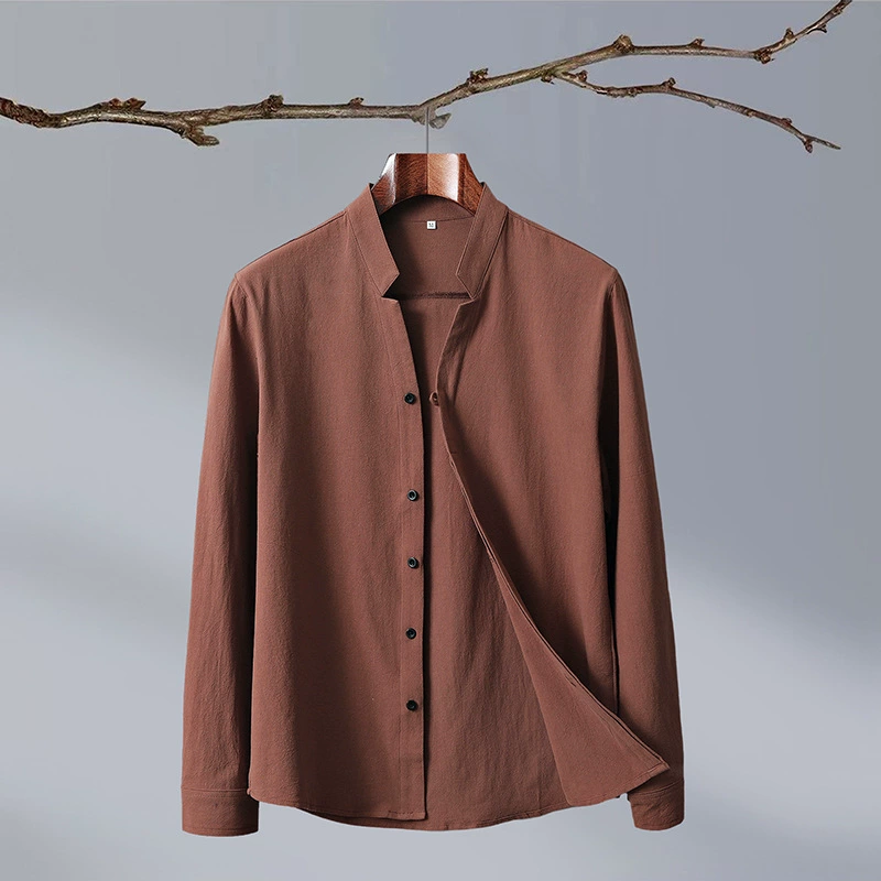 Tiktok Style 2024 Весенняя новая креповая однотонная мужская рубашка в китайском стиле с длинными рукавами и воротником-стойкой приталенная рубашка