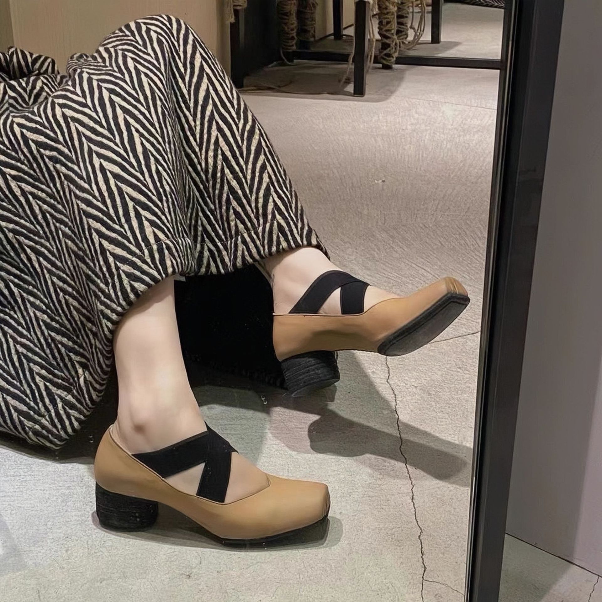 Sheepskin Version ~ British Cross-strap Leather Ballet Shoes Women's Thick Heel Shoes Mary Jane High Heels Small Leather Shoes