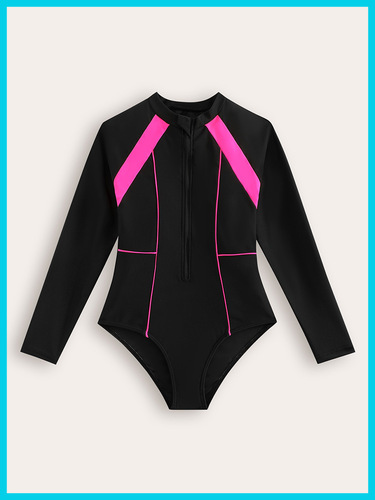 Long-sleeved conservative children's swimsuit, pure color, medium and large girl's zipper one-piece swimsuit, cross-border foreign trade swimsuit