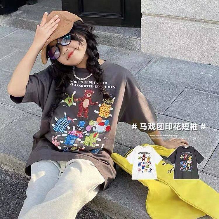 女童马戏团印花t恤2025夏装新款儿童中大童卡通纯棉圆领短袖上衣