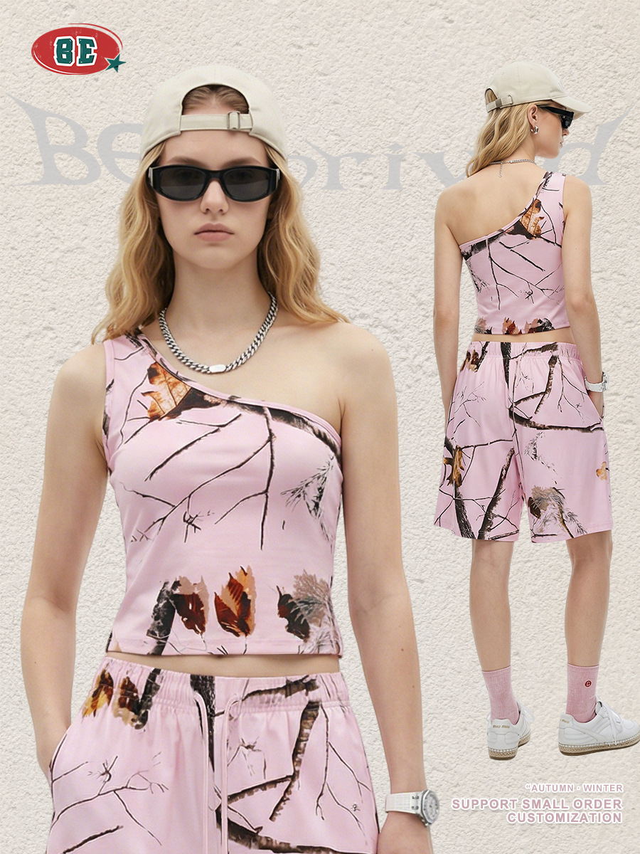 Be mujer ropa| Verano americano de hombro inclinado chaleco de camuflaje de hoja caliente viento esbelte deportivo chaleco de hombro para mujeres