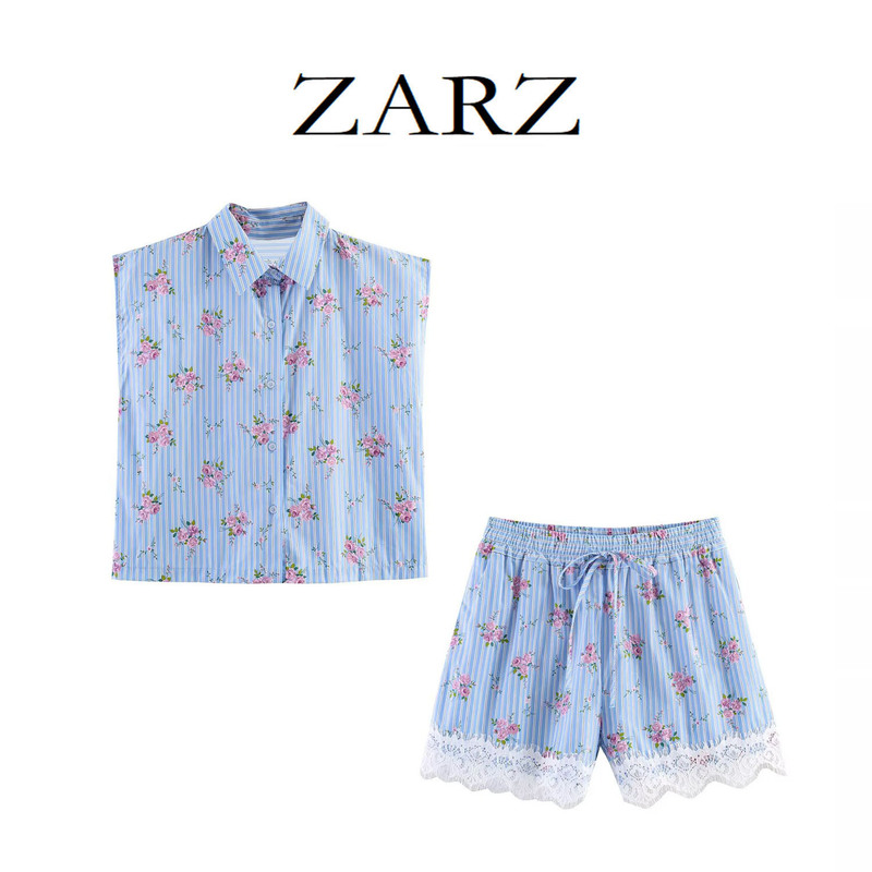 Zarz Self-Made European and American Style New Women's Clothing, Stylish Sleeveless Striped Printed Shirt with Lace Trim Shorts