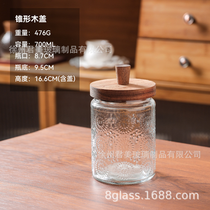 Tanque de almacenamiento de vidrio retro Begonia casera granos naranja frutas secas lata de almacenamiento de té lata de Acacia cubierta de madera mayorista