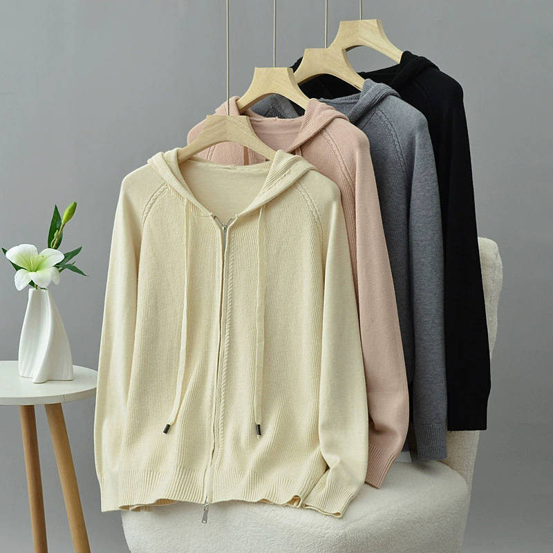 2024 Осенний свитер кардиган с капюшоном плюс размер женщины 200 кг эластичные вязаные куртки с длинными рукавами жирный MM молния 2255