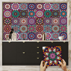 16片裝彩色曼陀羅圖案瓷磚貼客廳廚房浴室裝飾自粘可移除表面亮膜