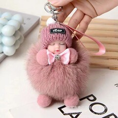 かわいいキツネの毛皮の睡眠人形ペンダント毛玉装飾バッグキーホルダーアクセサリーぬいぐるみペンダントカップルギフト