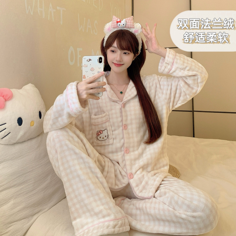 法兰绒睡衣女秋冬季新款韩系卡通条纹长袖加厚保暖少女家居服套装|undefined