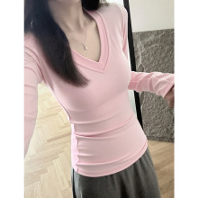 粉色纯棉内搭打底衫女2025新款早秋季小个子长袖T恤v领修身上衣