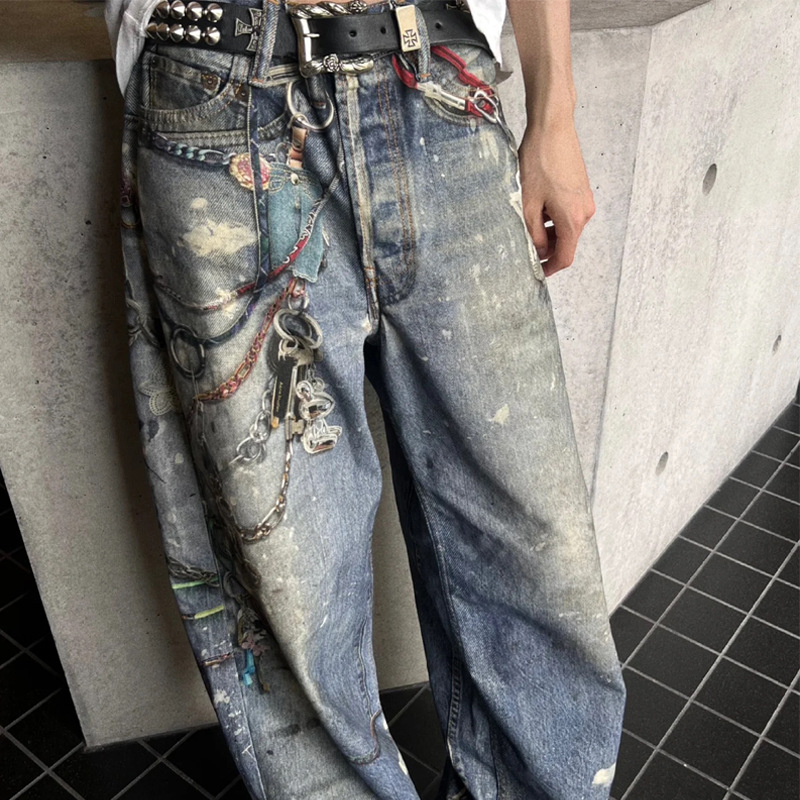 Men's Clothing 3D Chain Print Washed Jeans – Vintage Distressed Loose-Fit Denim Pants For Men & Women_voghion.com