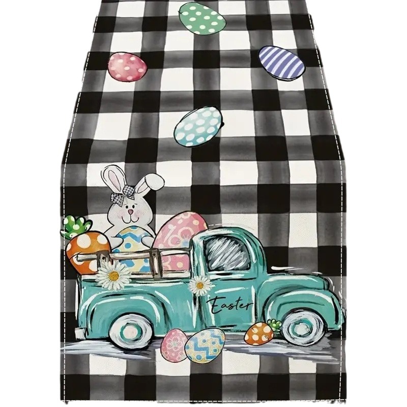Juego de mantel y salvamanteles de lino estampado con diseño de conejo y huevo de Pascua, aislante térmico, para restaurante, con patrón a cuadros