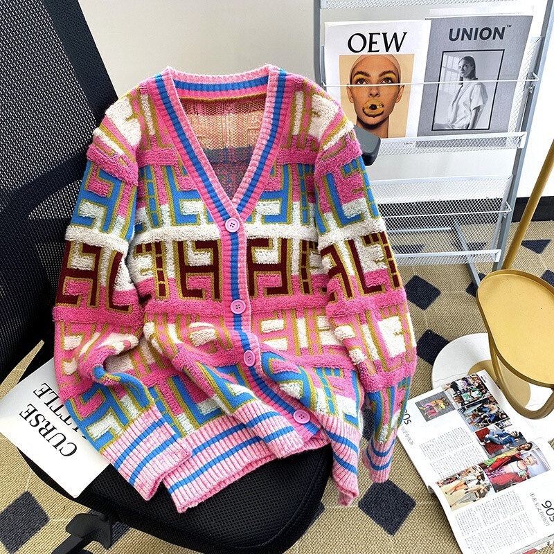 Rainbow V-Neck Sweater 2026 Autumn/Winter Japanese Retro Color-Blocking Knitted Cardigan for Women with Unique Design, Soft and Cozy Outerwear