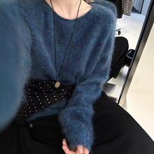 衣号拉毛蓝色花纱毛衣加厚外套女文艺高品质绵羊毛韩系针织秋冬新