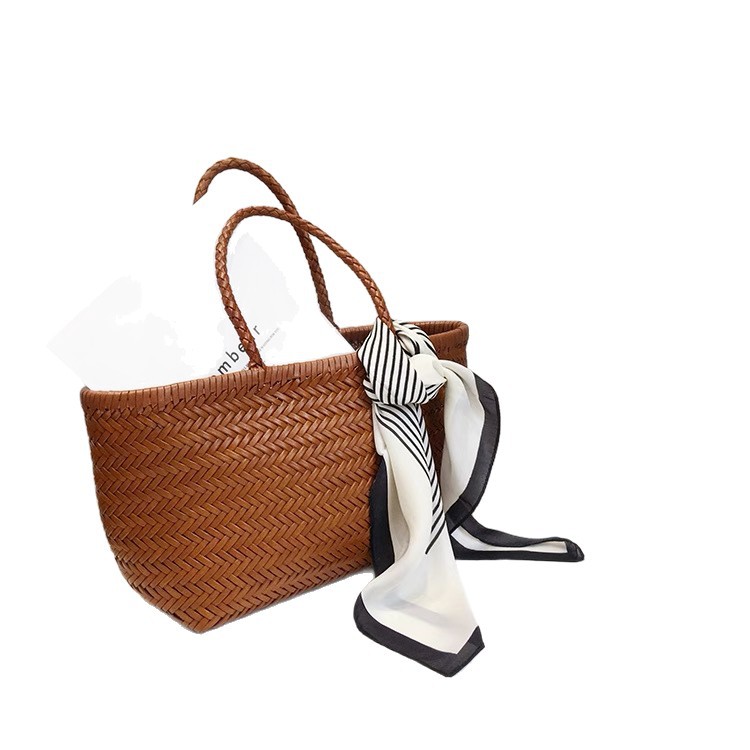 Yijinyuan French Style Basket Bag Cowhide Hand-Woven Leather Handbag For Women, Niche Genuine Leather Beach Vacation Tote - Thumbnail 5