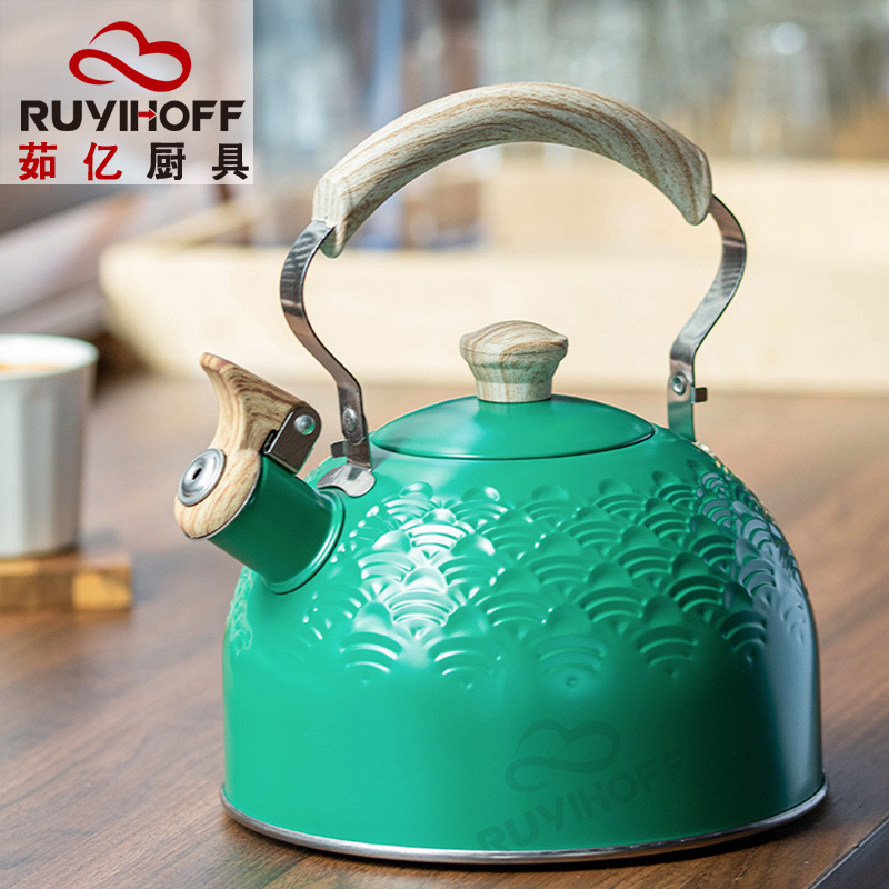 Cruz-frontera silbato creativo hervidor original de estilo europeo auspicioso nube patrón de acero inoxidable hervidor de agua 2.5L menta verde olla de sonido