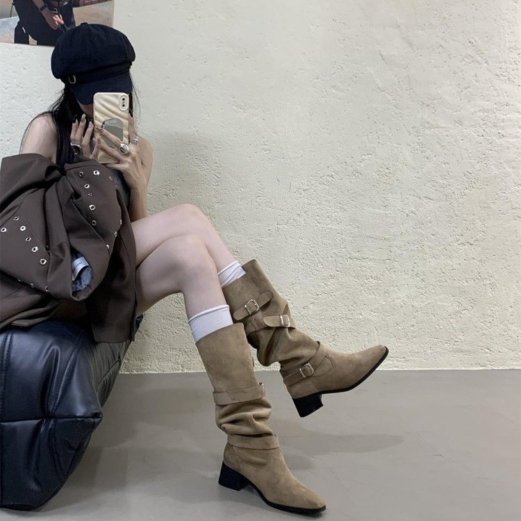 牛皮版~2025新款粗跟复古长筒靴女皮带扣褶皱堆堆靴高筒西部牛仔|undefined