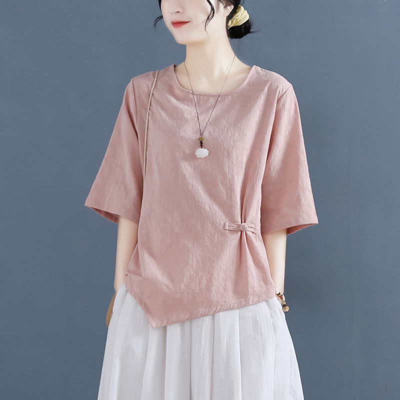 Cotton and Linen Tops for Women, Short-Sleeved T-Shirts, Summer Style, Buttoned, Pure Cotton Jacquard, Artistic Retro, Loose Fit, Slimming, Fashionable, Ethnic Style