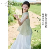 Детское платье Hanfu из искусственного материала в китайском стиле, новое жаккардовое платье Cheongsam на пуговицах в китайском стиле, летнее легкое дышащее летнее платье для больших детей.