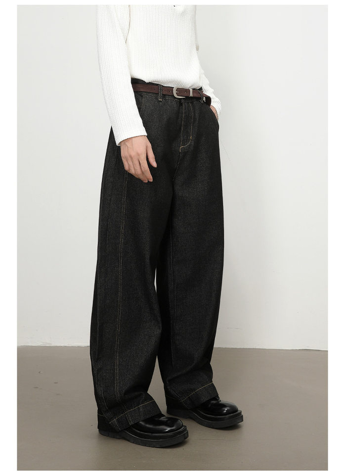 Quần jean nam denim đen dáng suông ống rộng kiểu banana lưng giữa, phong cách đường phố — Denim đen chi tiết 5