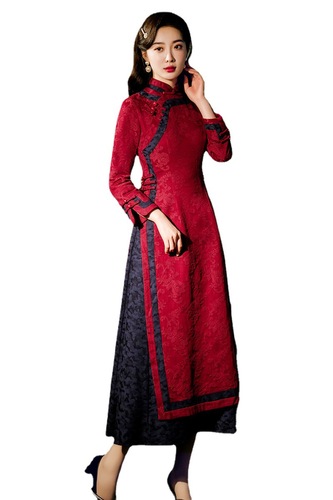 Modified cotton and linen robe aodai Dark gren Red Chinese Dress Qipao Cheongsam Dress for Women Girls long sleeve Chinese daily restore ancient ways young girl