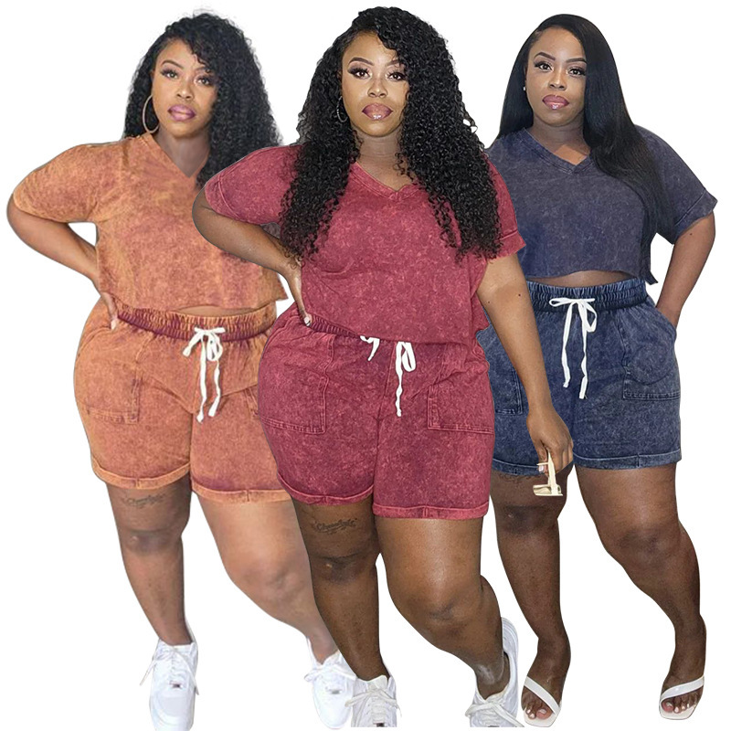 N7895 Cross-border Independent Station European and American plus size Women's Printed High Elastic Short Sleeve Shorts Tether Casual Pants suit