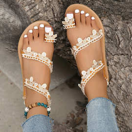 新款凉鞋外贸跨境热销欧美2024夏平底女鞋大码花朵沙滩凉鞋sandal