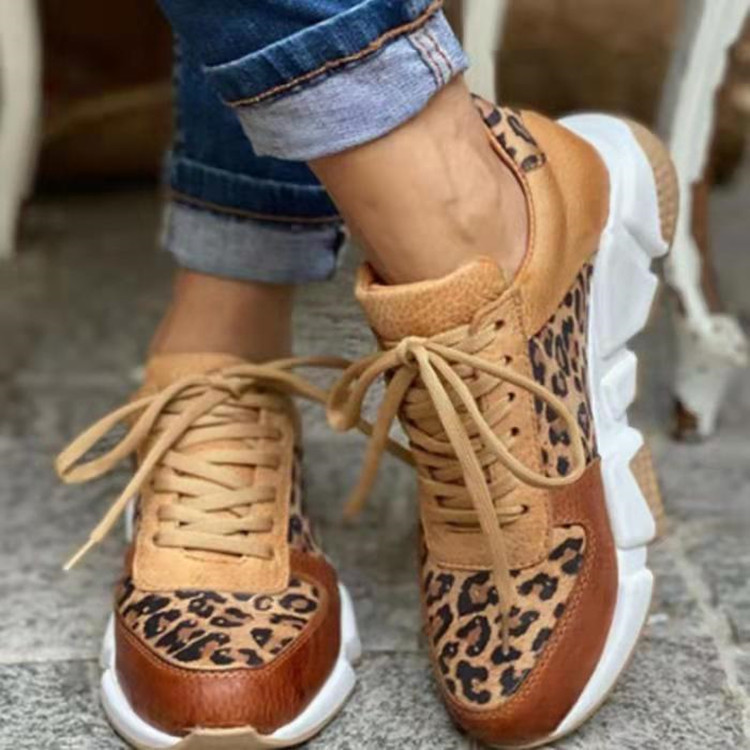 Zapatos de mujer con cordones con estampado de leopardo de talla grande de comercio exterior 2023 Nuevos zapatos de mujer con cordones con estampado de leopardo con punta redonda de fondo grueso y bajos para mujer