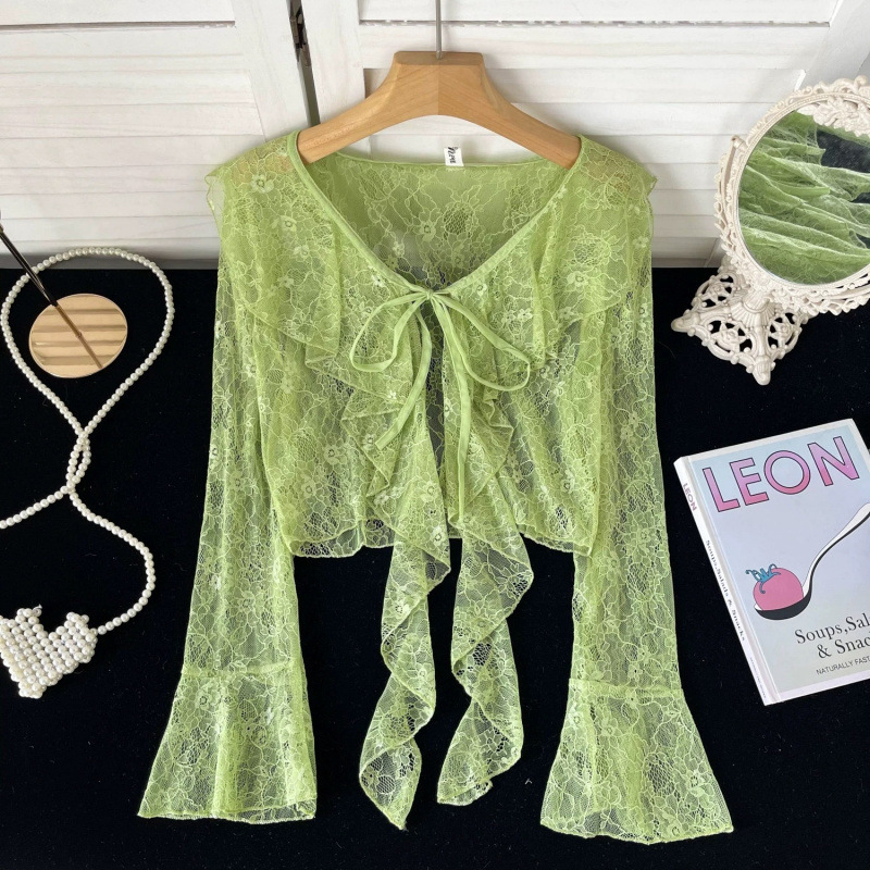 Ruffled Lace-up Short Lace Sunscreen Cardigan Women's Summer Thin Trumpet Long Sleeve Chiffon Coat Shawl Top