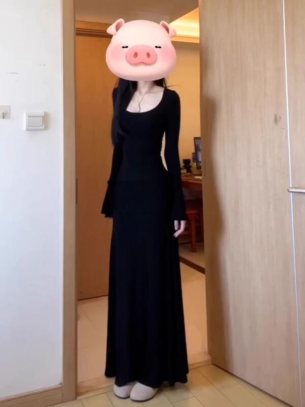 法式赫本风黑色长袖连衣裙女秋装2025新款气质修身御姐包臀长裙子|undefined