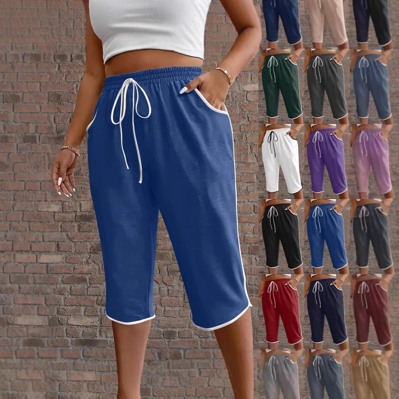 Wish AliExpress European and American Cross-border New Sexy Solid Color Sports Casual Capri Pants Summer Cotton and Linen Loose Women's Pants