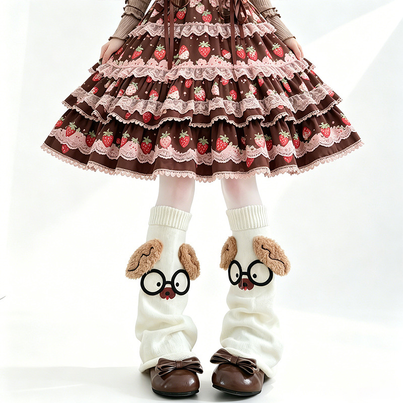 Autumn and Winter Y2K Subculture Flared Sock Covers Original Cute Glasses-Wearing Dog Slimming Wide-Leg Socks Knitted Warm Leg Warmers